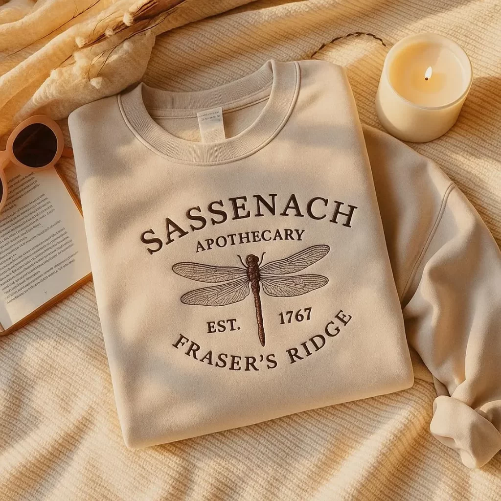 Cream embroidered sweatshirt with “Sassenach” text, cozy and minimalist Outlander apparel.