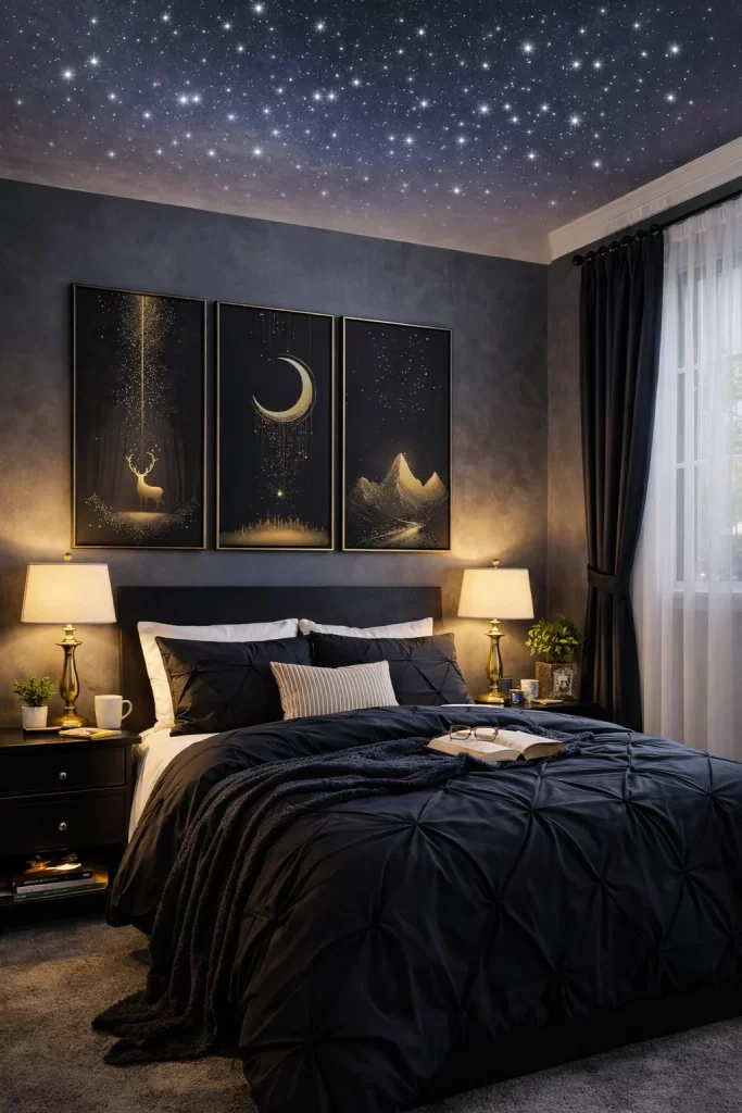 Celestial romantasy bedroom with dark bedding, brass lamps, and moon phase wall art creating a moody fantasy room decor aesthetic