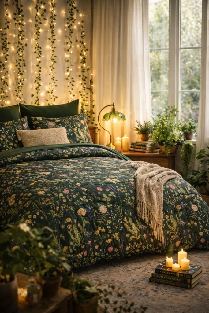 Enchanted forest bedroom decor with botanical bedding, fairy lights, and greenery for a cozy romantasy bedroom aesthetic