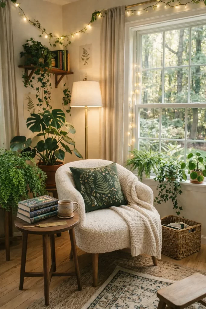 Cozy enchanted forest reading nook with boucle chair, plants, warm lighting, and fairy lights for a bookish fantasy decor setup