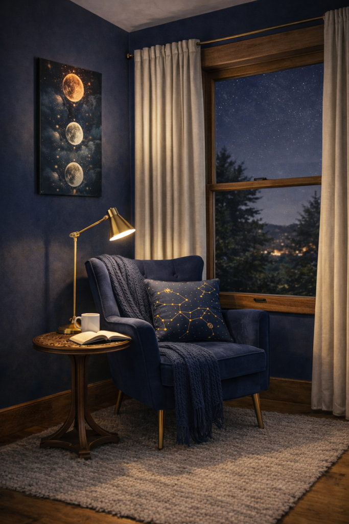 Celestial reading nook with navy velvet chair, brass lamp, and constellation pillow creating a cozy romantasy book nook